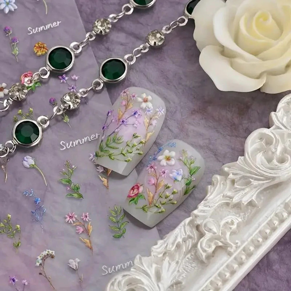 1pc Flower Nail Stickers Summer Floral Leaf Plant 5D Embossed Nail Slider Decals Self-Adhesive Nail Art Supplies Manicure Decor