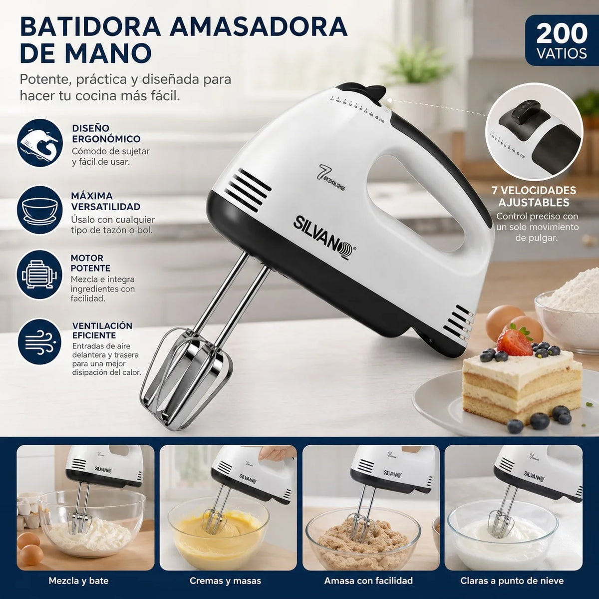 200W Electric Hand Mixer with 7 Adjustable Speeds, Stainless Steel Baking Dough Mixer
