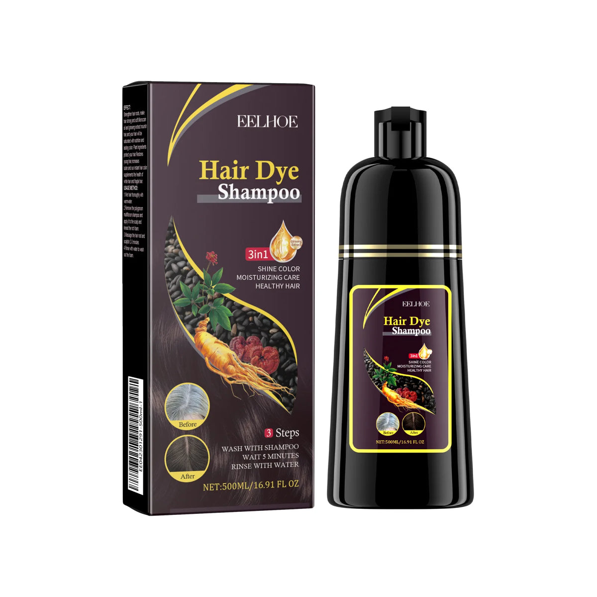 EELHOE Black Hair Dye Shampoo 3 in 1 Growth Clean Hair Darkening Deep Nourishing