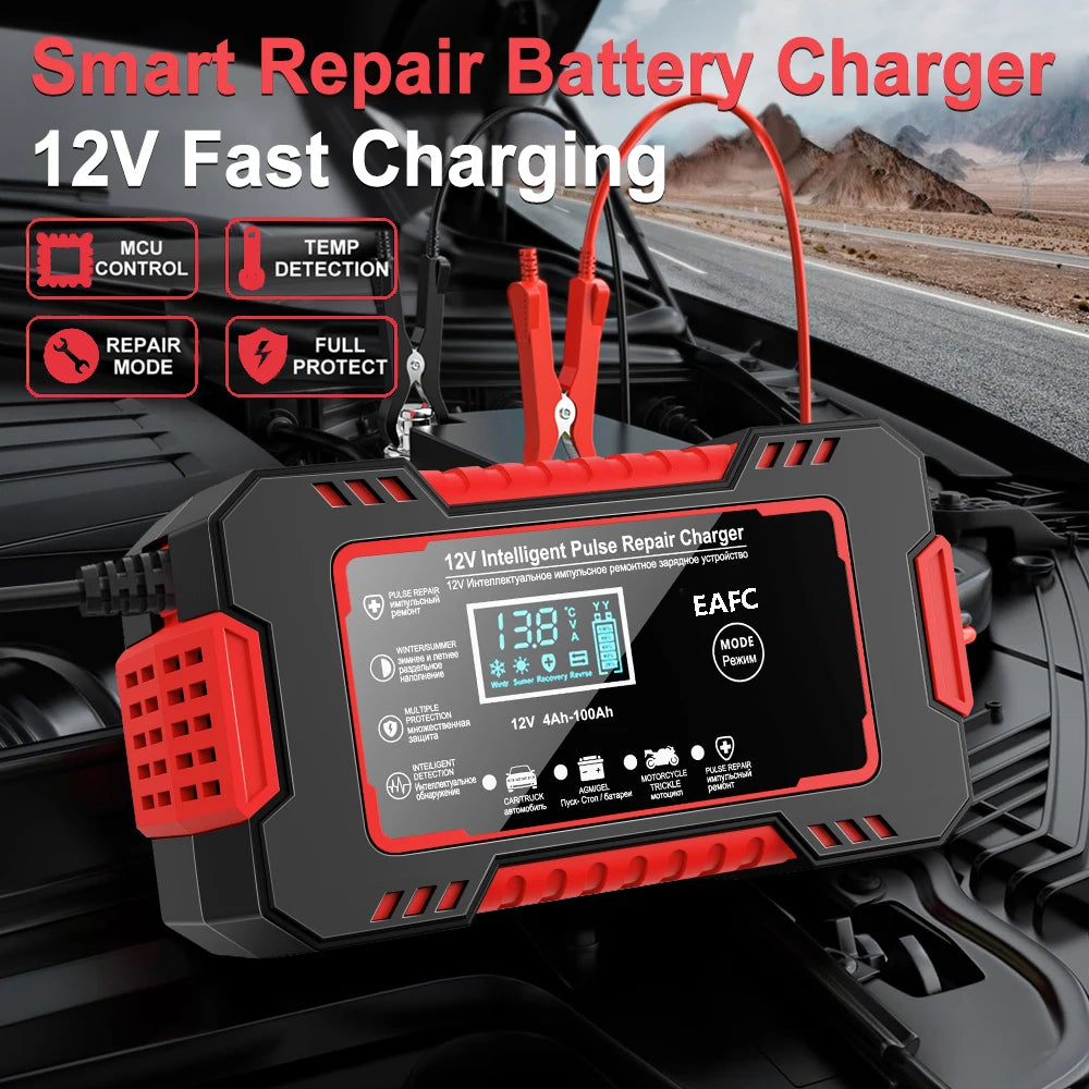 12V 6A Smart Pulse Battery Charger with LCD Display Fast Charge for AGM/GEL/Lead-
