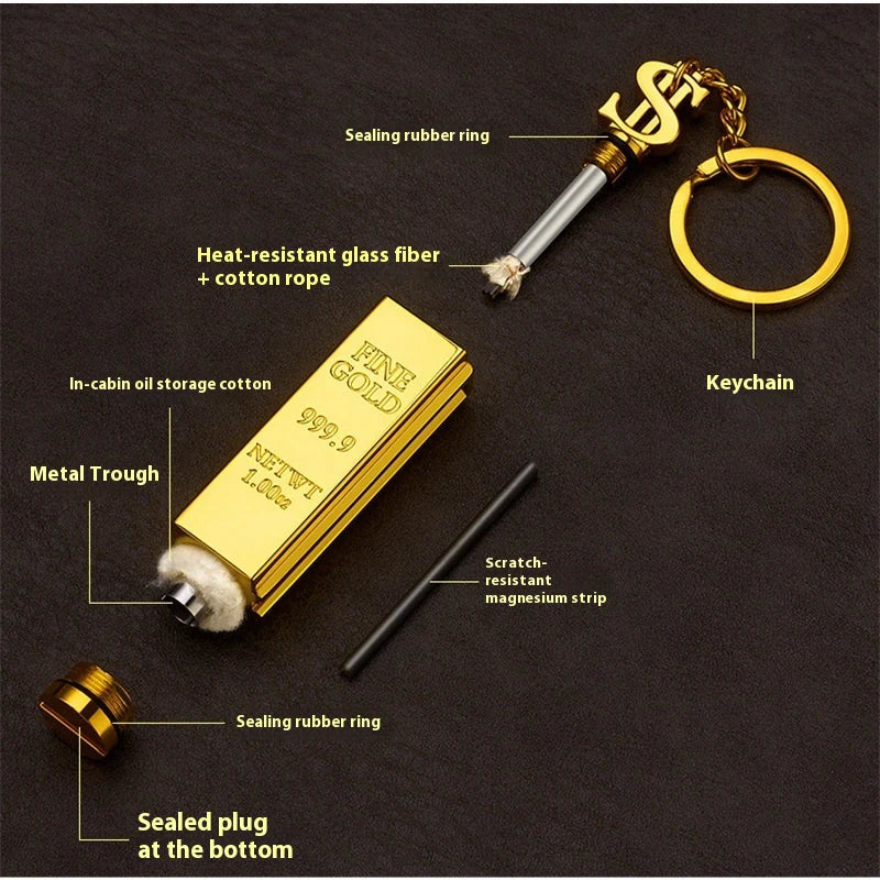 Creative Golden Bar Perpetual Match Lighter Keychain Reusable Flint Metal Matchbox Portable EDC Survival Tool with Gold Ingot Design and Dollar Sign Charm Gift for Men (Fuel Not Included)