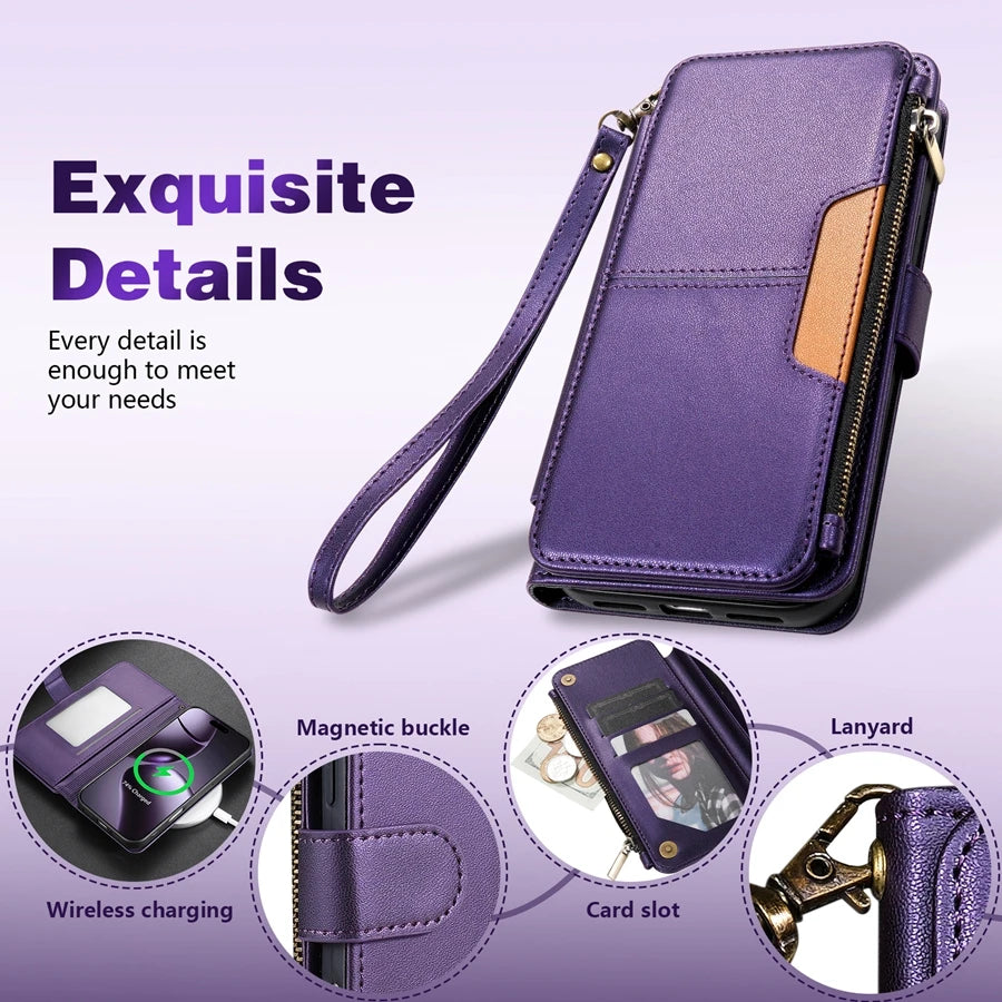 Wallet Multi-card Slot Zipper Kickstand Magnetic Flip Leather Case For iPhone 17 Pro Max 17e Air 16e 15 Plus 14 13 12 11 XR 8 7