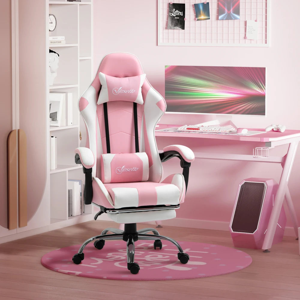Gaming chair computer chair ergonomic office chair with headrest lumbar cushion height adjustable 360° rotatable pink+white