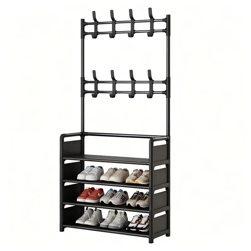 Multi-Tier Metal Rack with 8 Hooks for Shoes, Coats, Hats, and Accessories