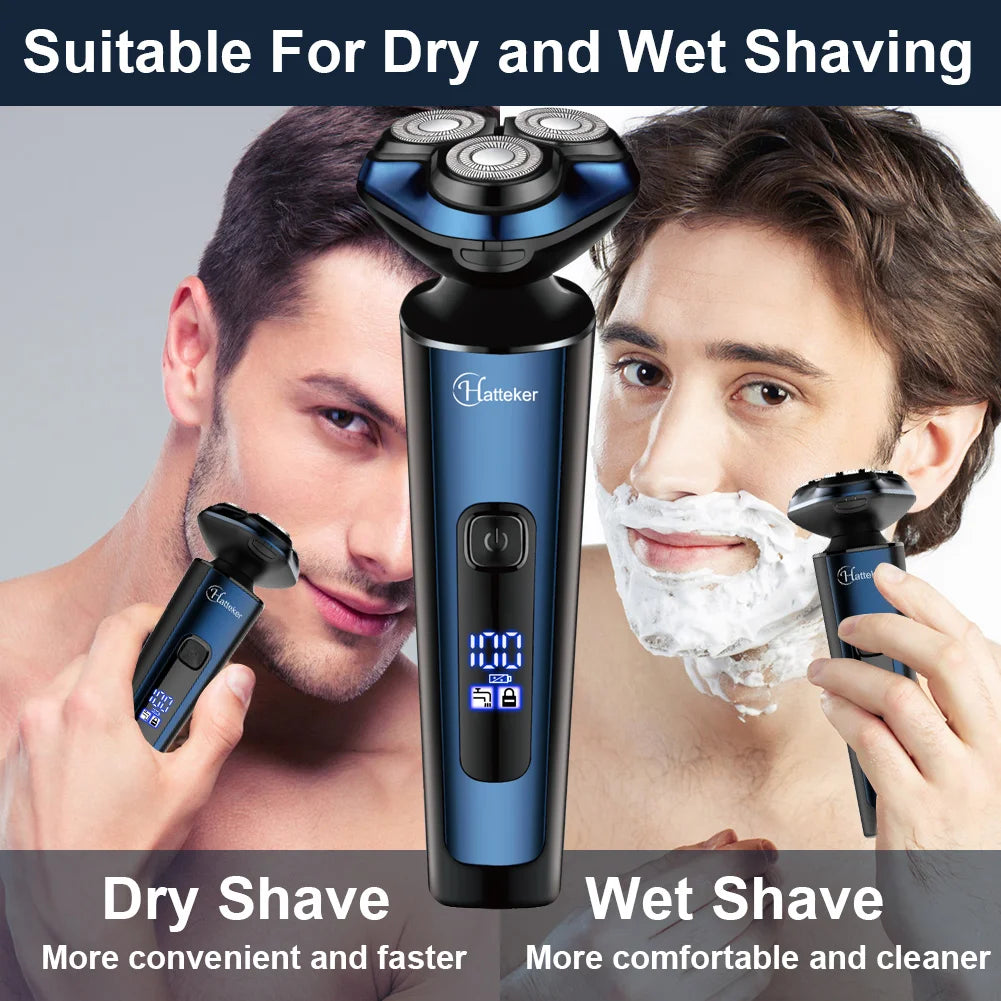 HATTEKER Rotary Electric Shaver Men's 3-in-1 Facial Razor USB Rechargeable