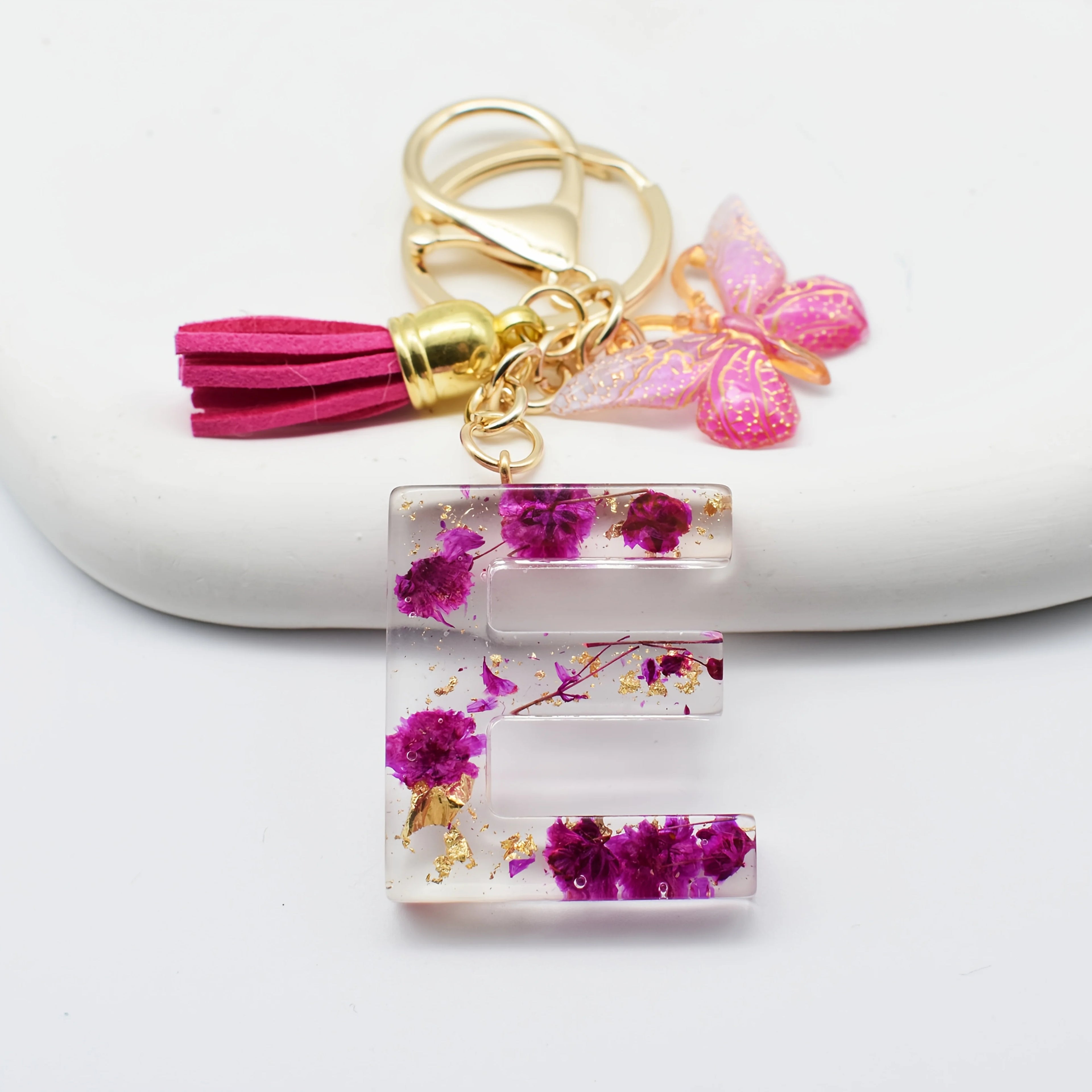 1PC Fashion Easter Alphabet Keychain - Dried Flower Resin Charm, A-Z Initial Pendant Butterfly Tassel, Non-Woven ABS Gift