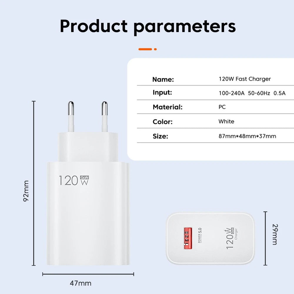 120W USB Fast Charging Charger Type C Cable Quick Charge Phone Adapter for Xiaomi 14 Redmi Oneplus Huawei Samsung Wall Charger