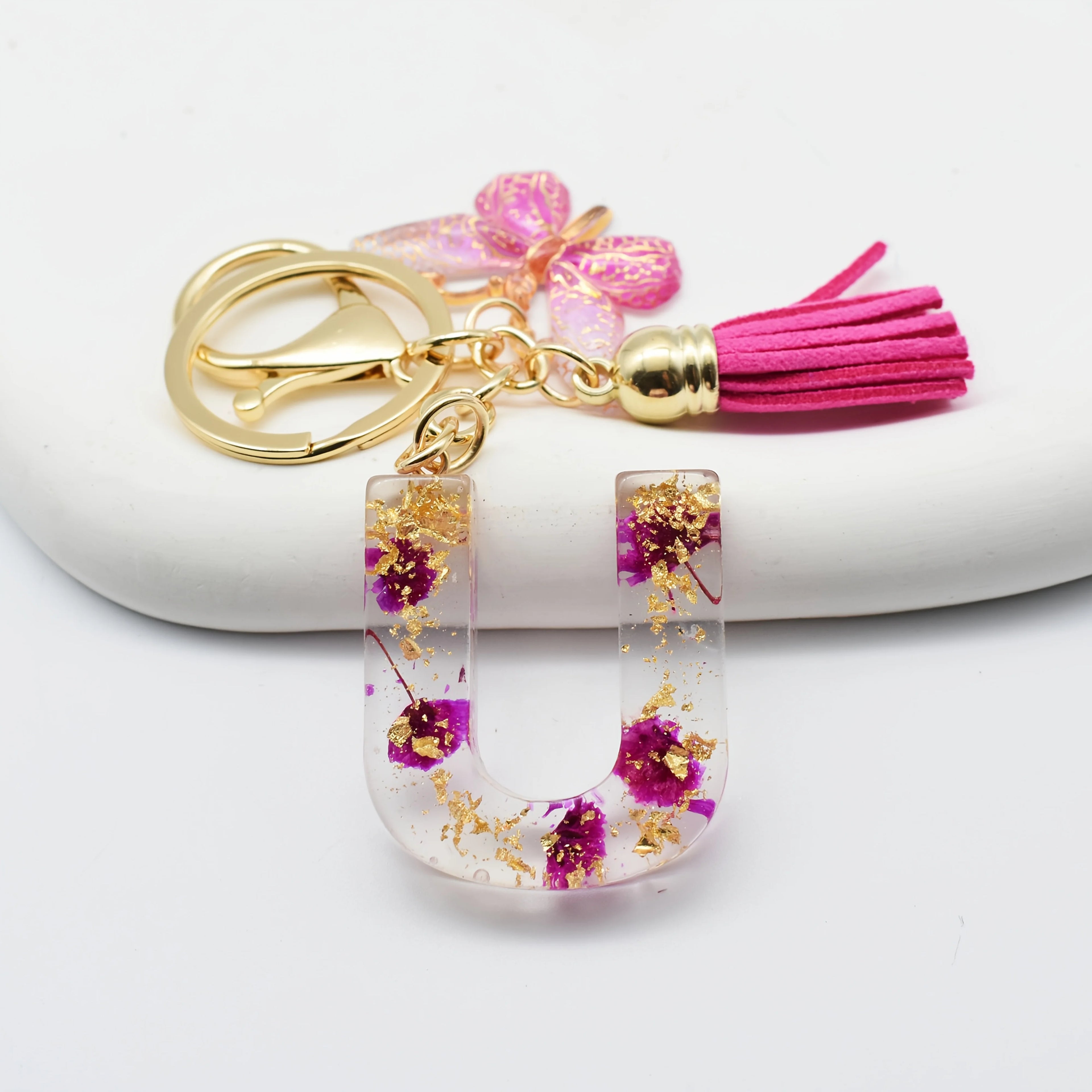 1PC Fashion Easter Alphabet Keychain - Dried Flower Resin Charm, A-Z Initial Pendant Butterfly Tassel, Non-Woven ABS Gift
