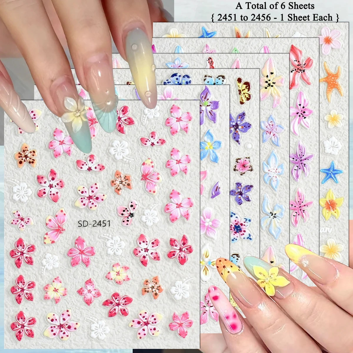 3 to 120 Sheets Tropical Flower Nail Stickers Hibiscus Butterfly Starfish