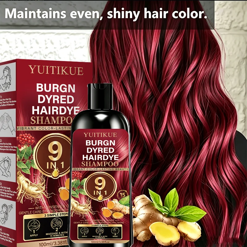 YUITIKUE Burgundy Red Hair Dye Shampoo 9 In 1 Instant Coloring