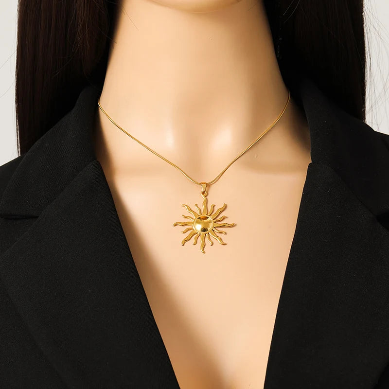 GANEMLY 316l Stainless Steel Metallic Gold Color Sun Pendant Necklace Women Chic Romantic Waterproof Neck Chain Jewelry Gift