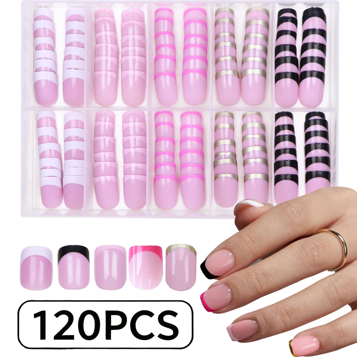 120pcs Pressed French Edge Almond False Nail Acrylic Reusable False Finger Acrylic False Nail Date And Daily Wear
