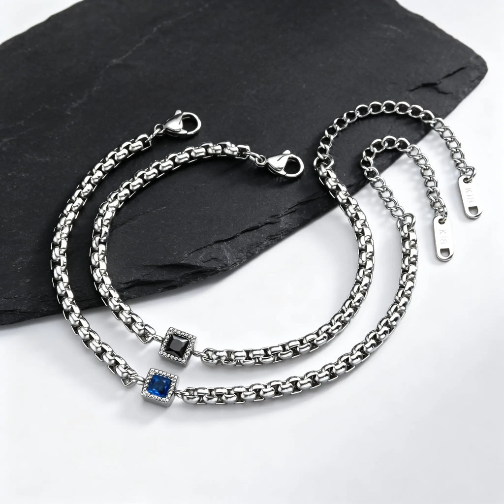 Square Blue Black Stone Bracelet for Men,Adjustable Stainless Steel Box Chain Wristband,Trendy Jewelry Gift for Him Dad