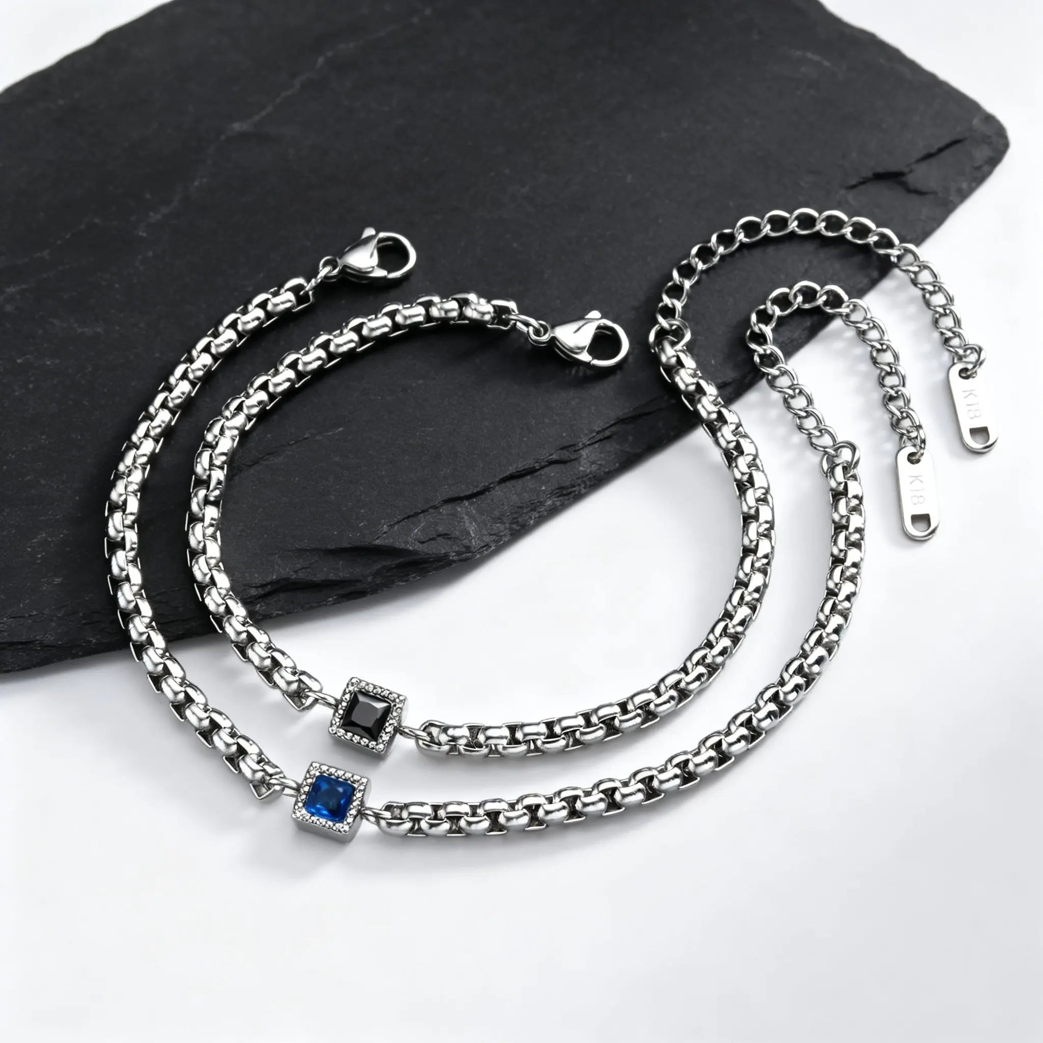 Square Blue Black Stone Bracelet for Men,Adjustable Stainless Steel Box Chain Wristband,Trendy Jewelry Gift for Him Dad