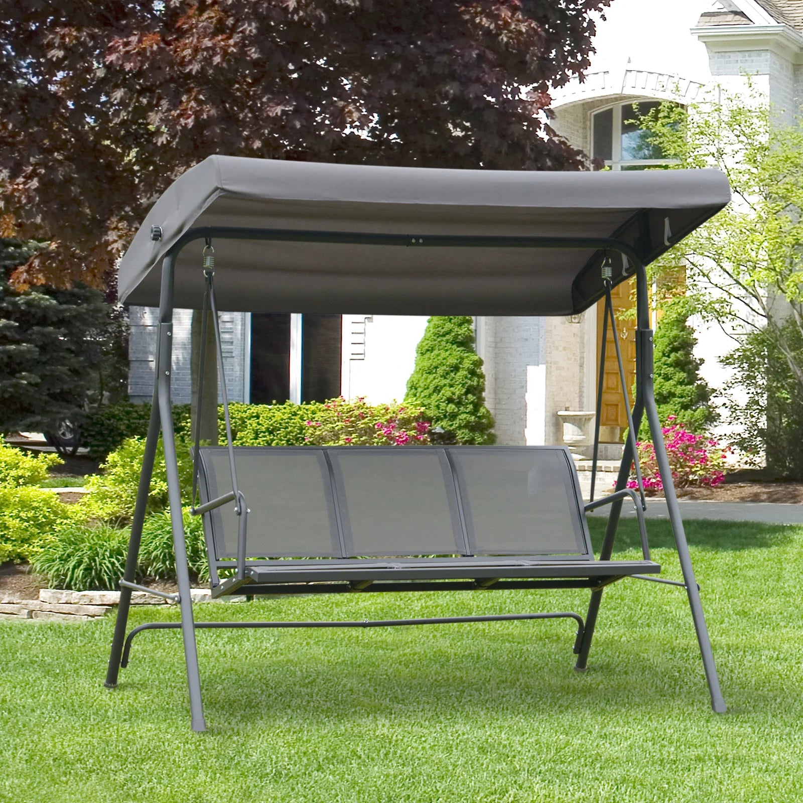 Outsunny 3 seater garden swing with roof sunshade adjustable breathable backrest and steel frame 175x118x159 cm