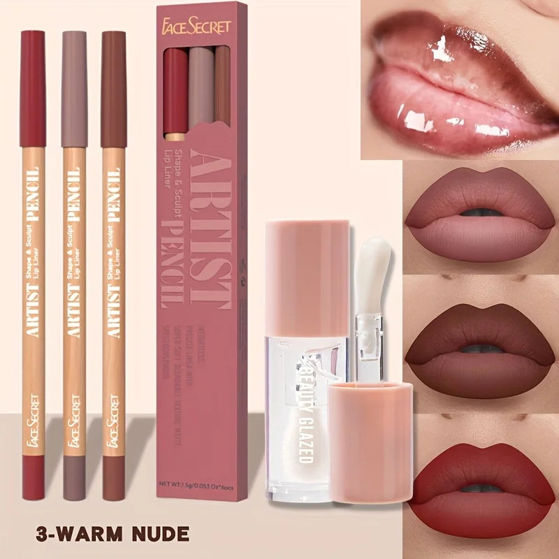 4pcs Matte Lipliner Lip Gloss Combo -Moisturizing Plumping Lip Oil