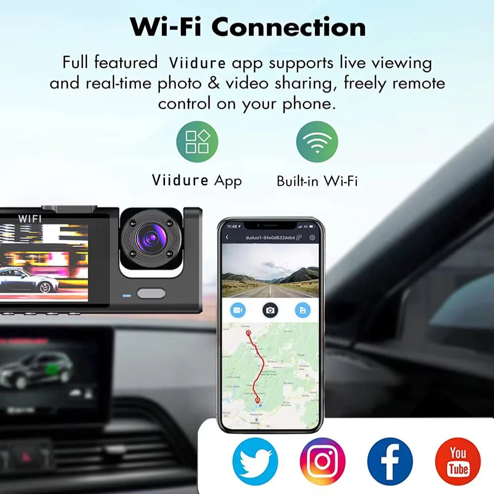 WIFI-3 Camera Dash Cam For Car Camera FHD 1080P Video Recorder Car DVR Front Rear View Camera Night Vision Black Box Car Dashcam