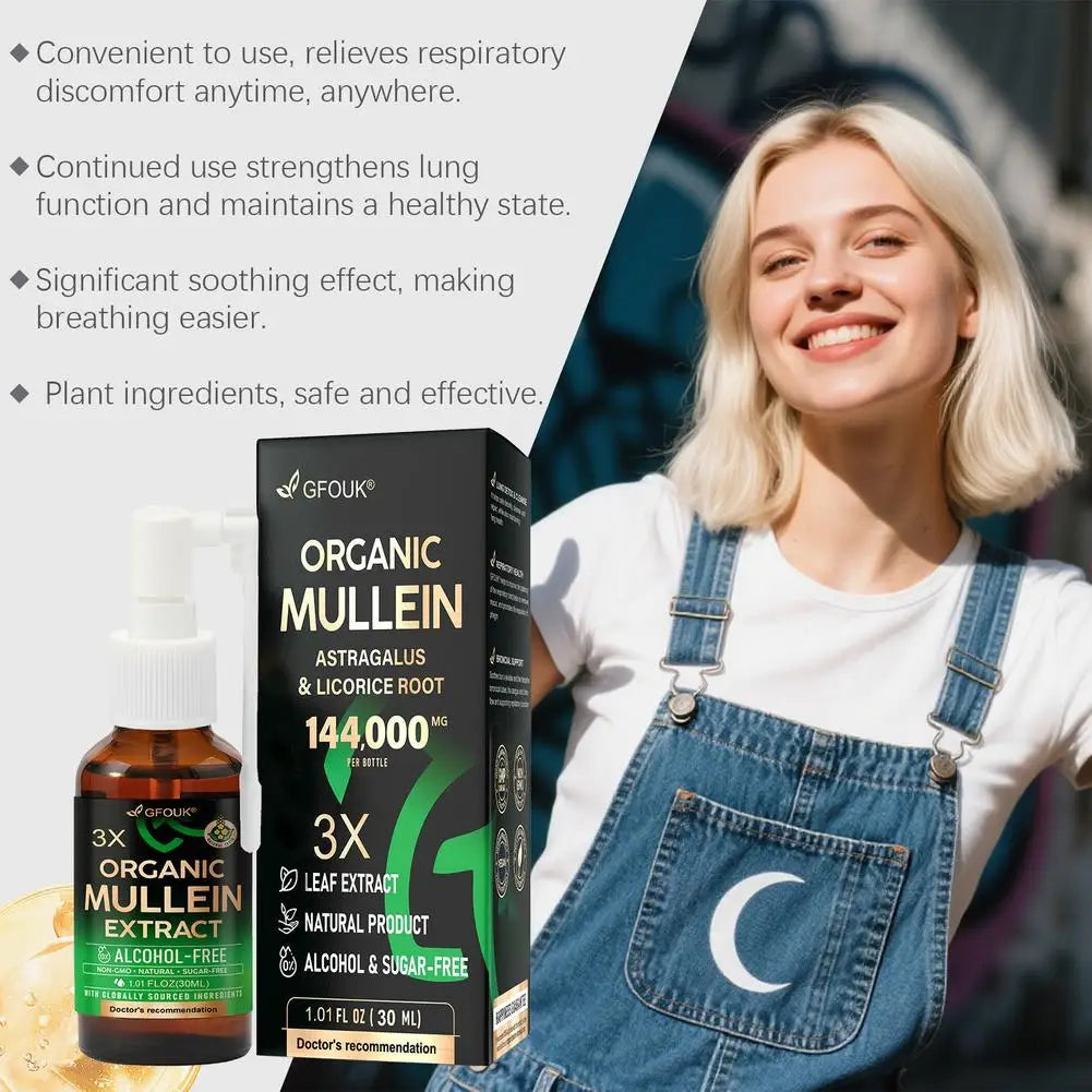 GFOUK Mullein Extract Spray 144000MG Organic Mullein With Astragalus Licorice Root Sugar Free Natural Respiratory Support Spray