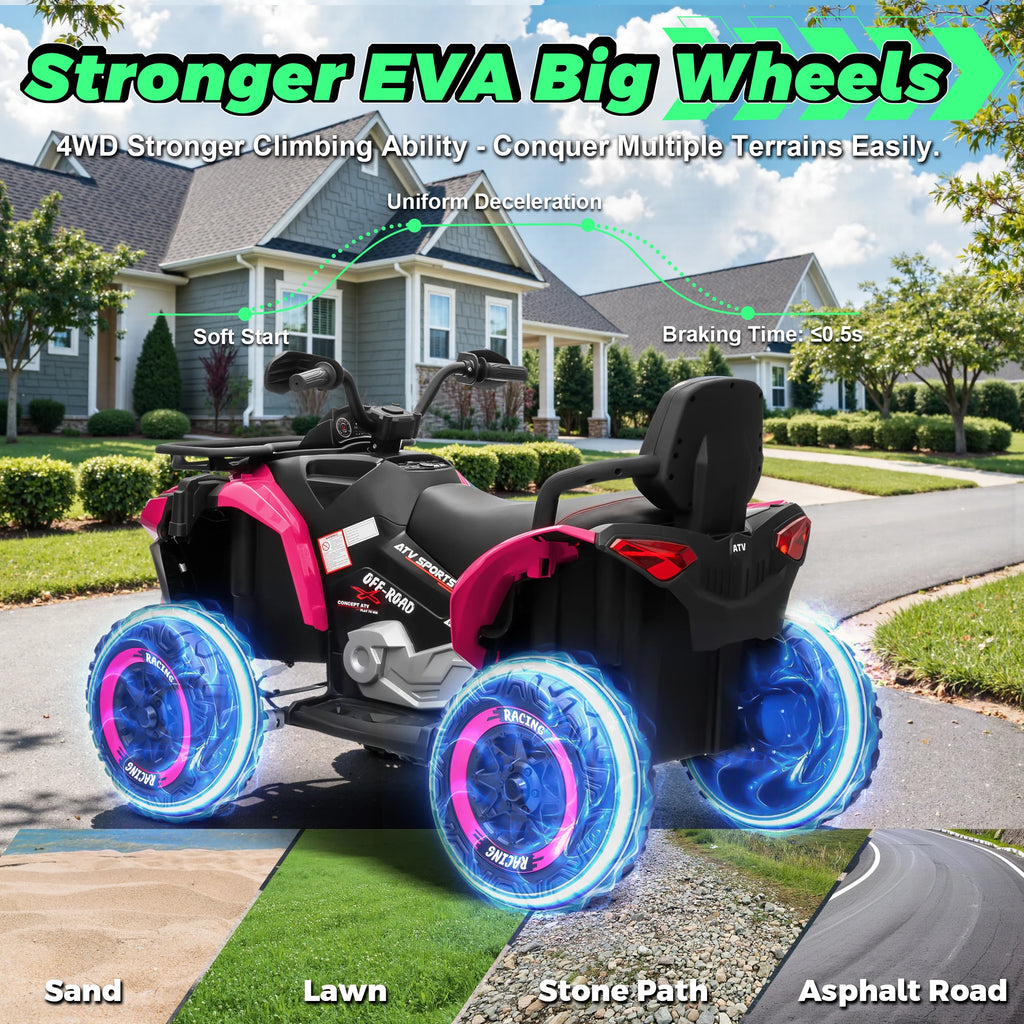24V Ride on Car, Kids ATV XL Four Wheeler W/EVA Tires, 19-Inch Leather 2 Seater, 800W Motors