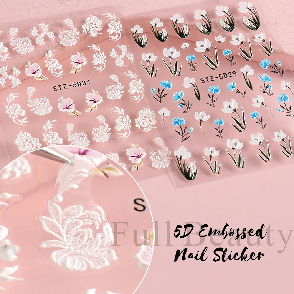 5D Simple Flowers Nail Embossed Stickers Elegant Wedding Design Adhesive Sliders Floral Textured Engraved Decoration Supplies