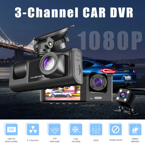 3 Channel Dash Cam HD 1080P 3-Lens Inside Vehicle  Car DVR Three Way Camera DVRs Recorder