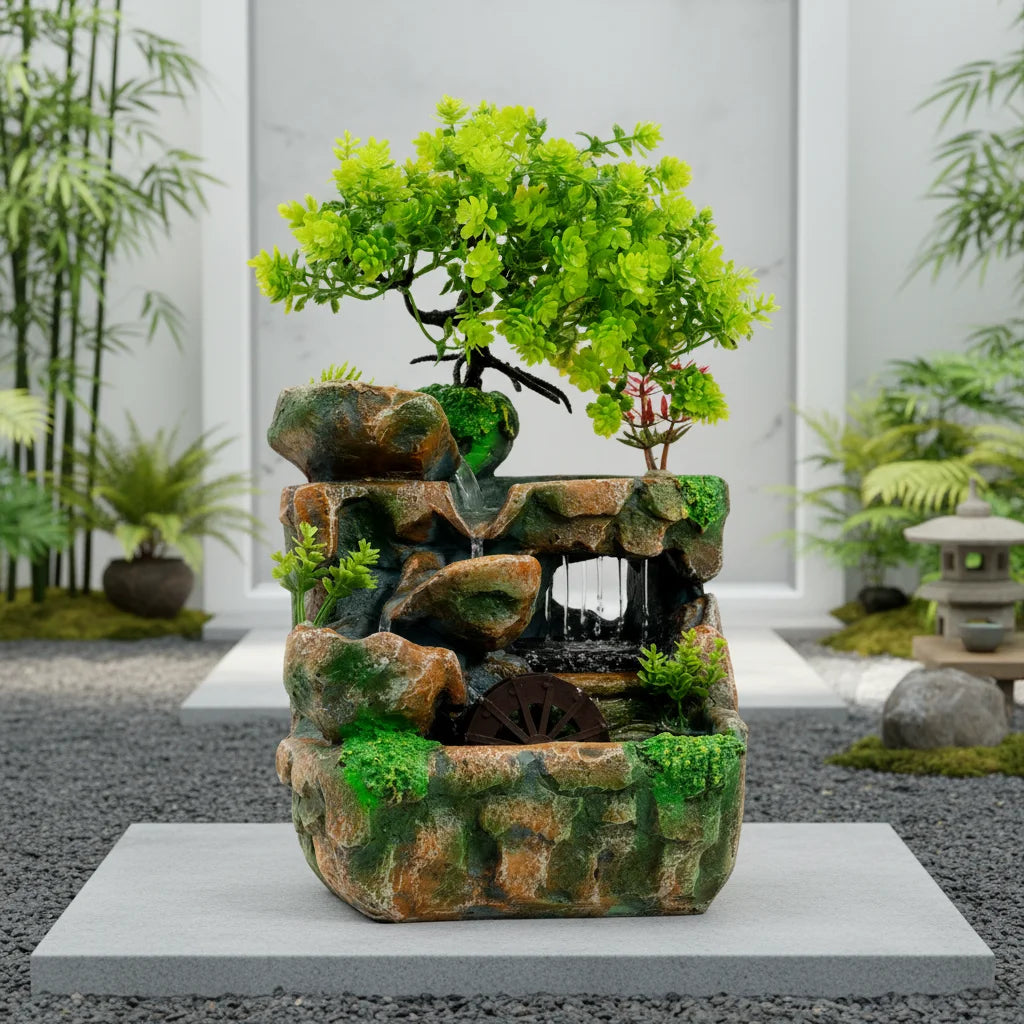 Tabletop Fountain with LED Lights, Resin Waterfall Decor for Home Office Desk, 220V