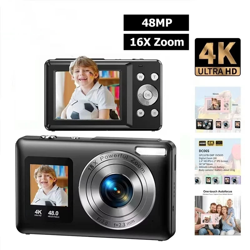 4K Digital Camera 48MP Dual Screen, Auto Focus Anti-Shake 16X Zoom