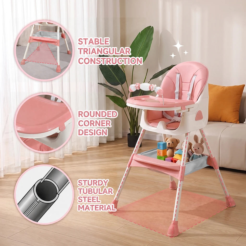 3‑In‑1 Foldable Baby High Chair, Multifunctional Toddler Feeding Highchair