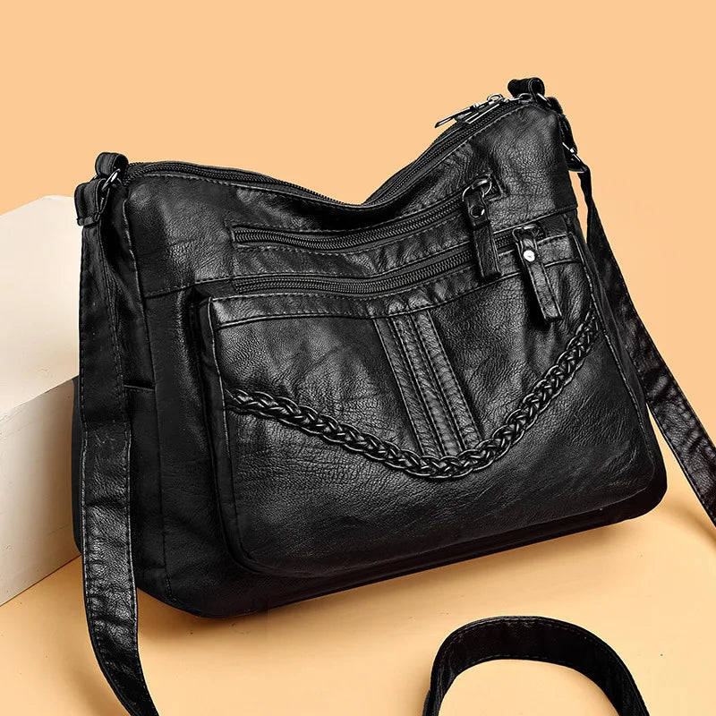Vintage PU Crossbody Bag Retro Multi Layer Shoulder Bag Women's Fashion Handbag & Purse Female Work Travel Messenger Bag