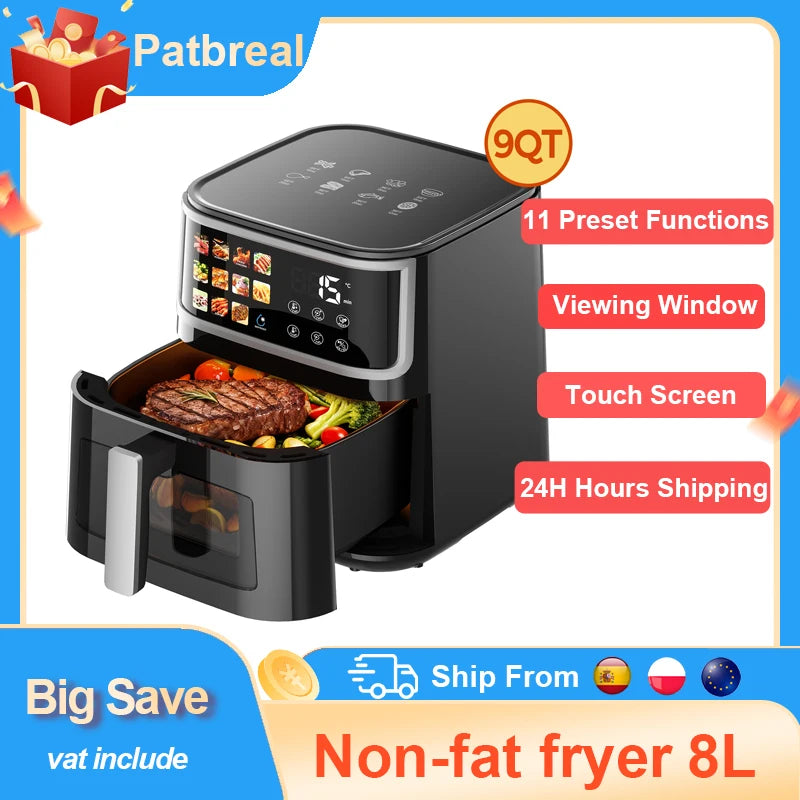 Smart Air Fryer 8L 1700W with Led Touch Screen 11 Preset Functions Max 200°C