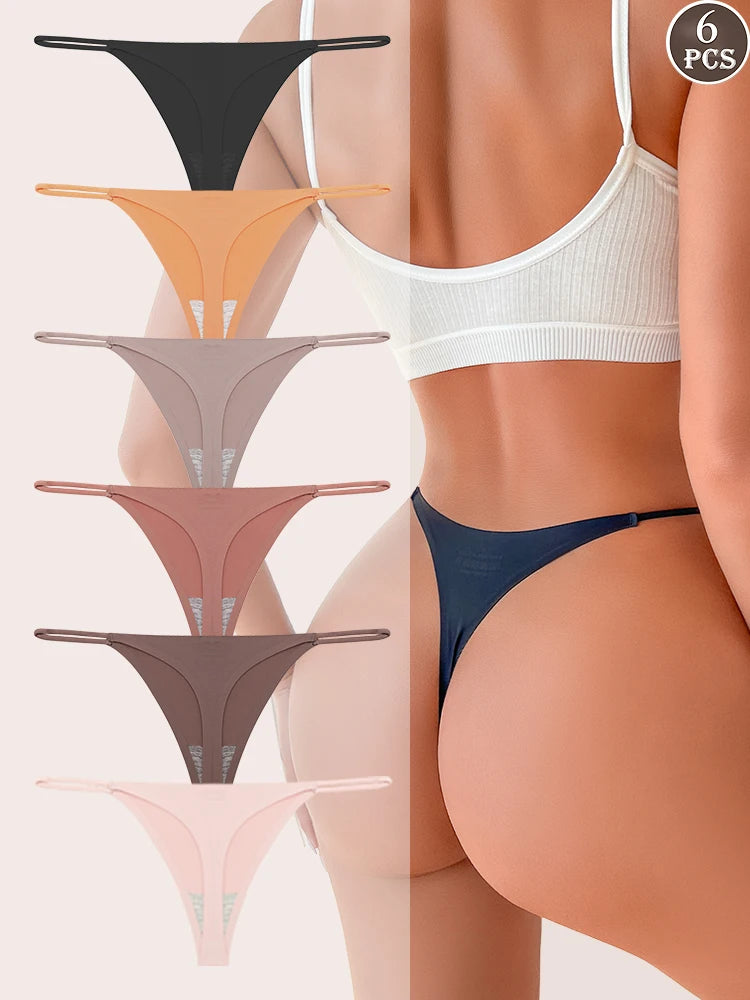 6PCS Seamless Thong Women Invisible Thin Strap Low Waist High Stretch Flexibility Panties Sexy Underwear Ladies Briefs T-back