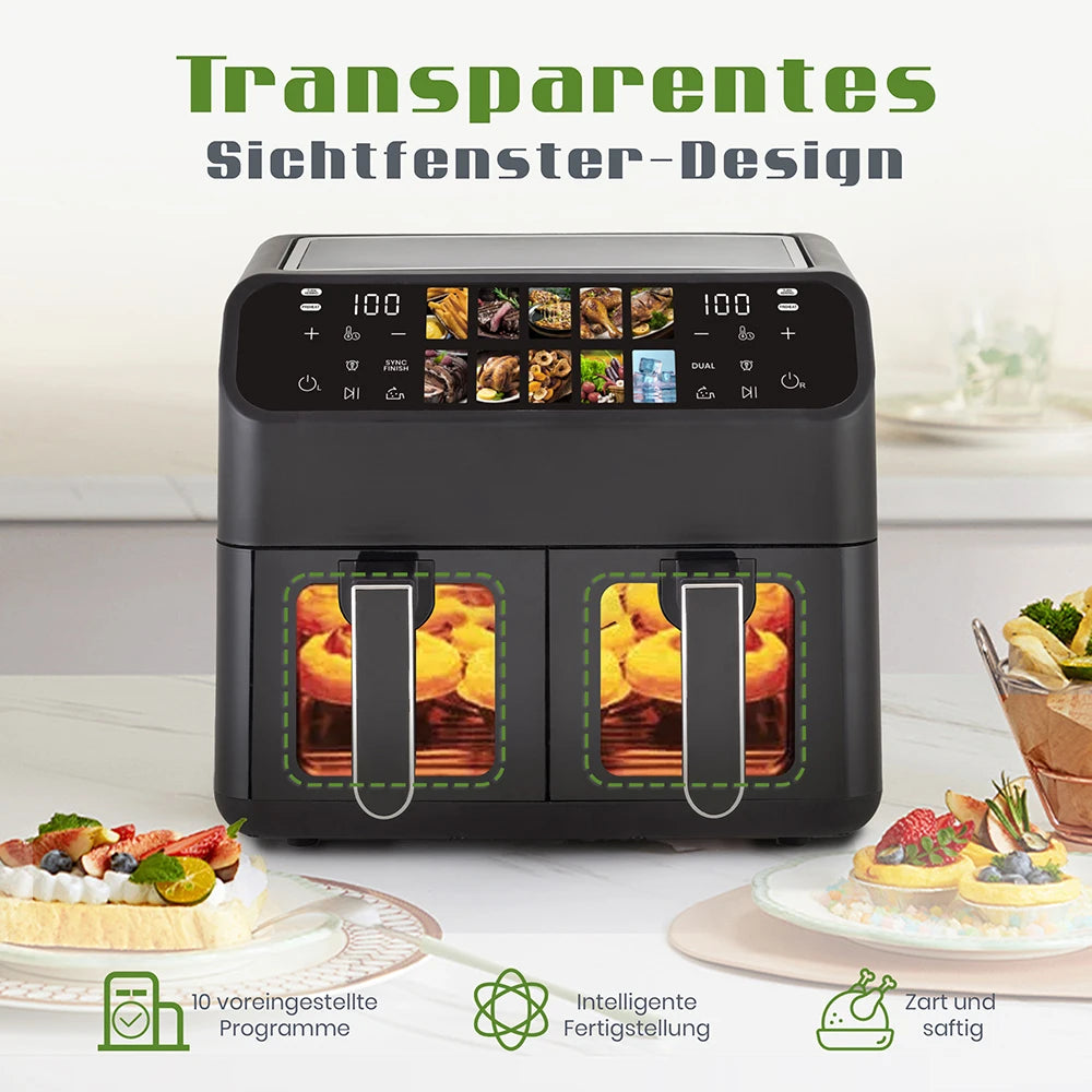 Sinaopus Hot Air Fryers 9L Dual Basket – Oilless Cooker with LED Touch Control & Visible Window, Family Smart Air Fryer Oven Machine, Large Capacity for Home Use
