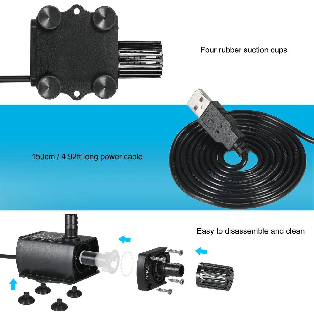 USB DC5V Ultra-quiet Mini Brushless Water Pump Waterproof Submersible Fountain Aquarium Circulating 250L/H Lift 200cm