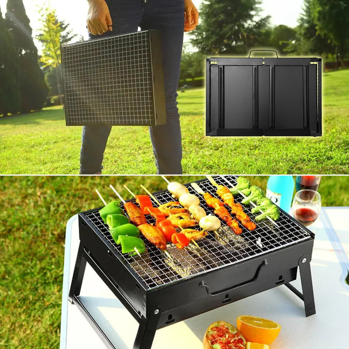 Portable Charcoal BBQ Grill Folding Suitcase Design Garden Camping Barbecue with Reinforced Cast Iron