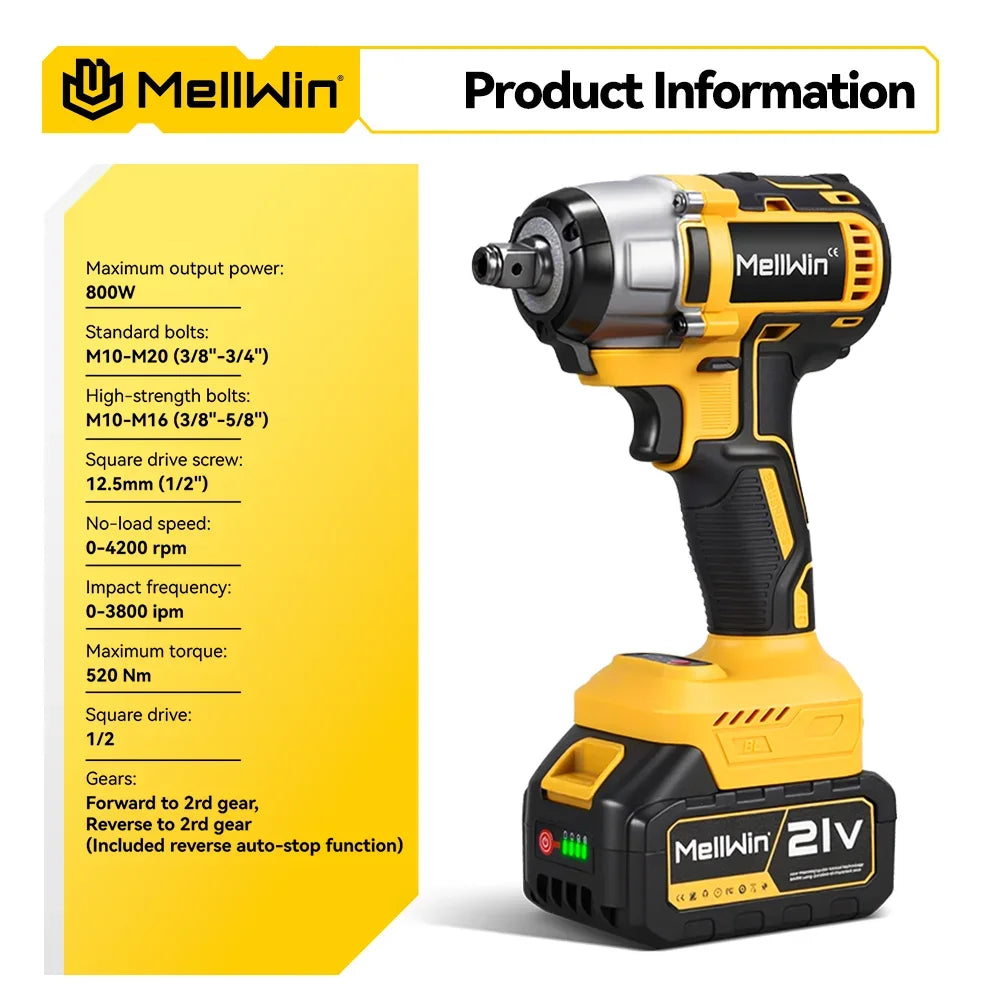 MELLWIN 520N.M Brushless Cordless Impact Wrench 3-IN-1 Electric Drill Screwdriver Power Tool Kit For Makita 18V Battery Pin
