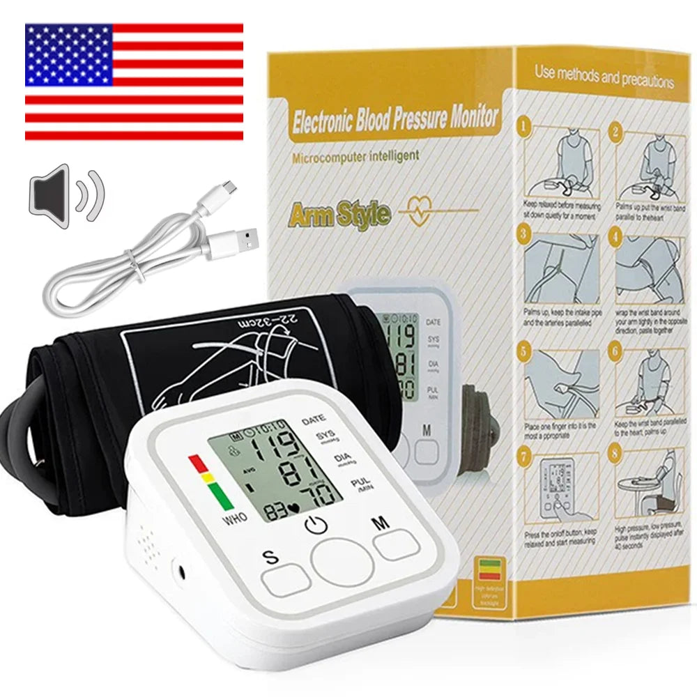 Automatic Digital Arm Blood Pressure Monitor Sphygmomanometer Tonometer Tensiometer Heart Rate Pulse Meter BP Monitor Healthy