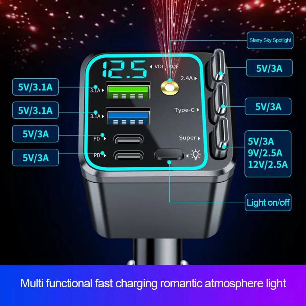 5 In 1 Car Charger 66W Max with Retractable Cable PD30W+2.4A Voltage Display Super Fast Charging 22.5W for iPhone & Android