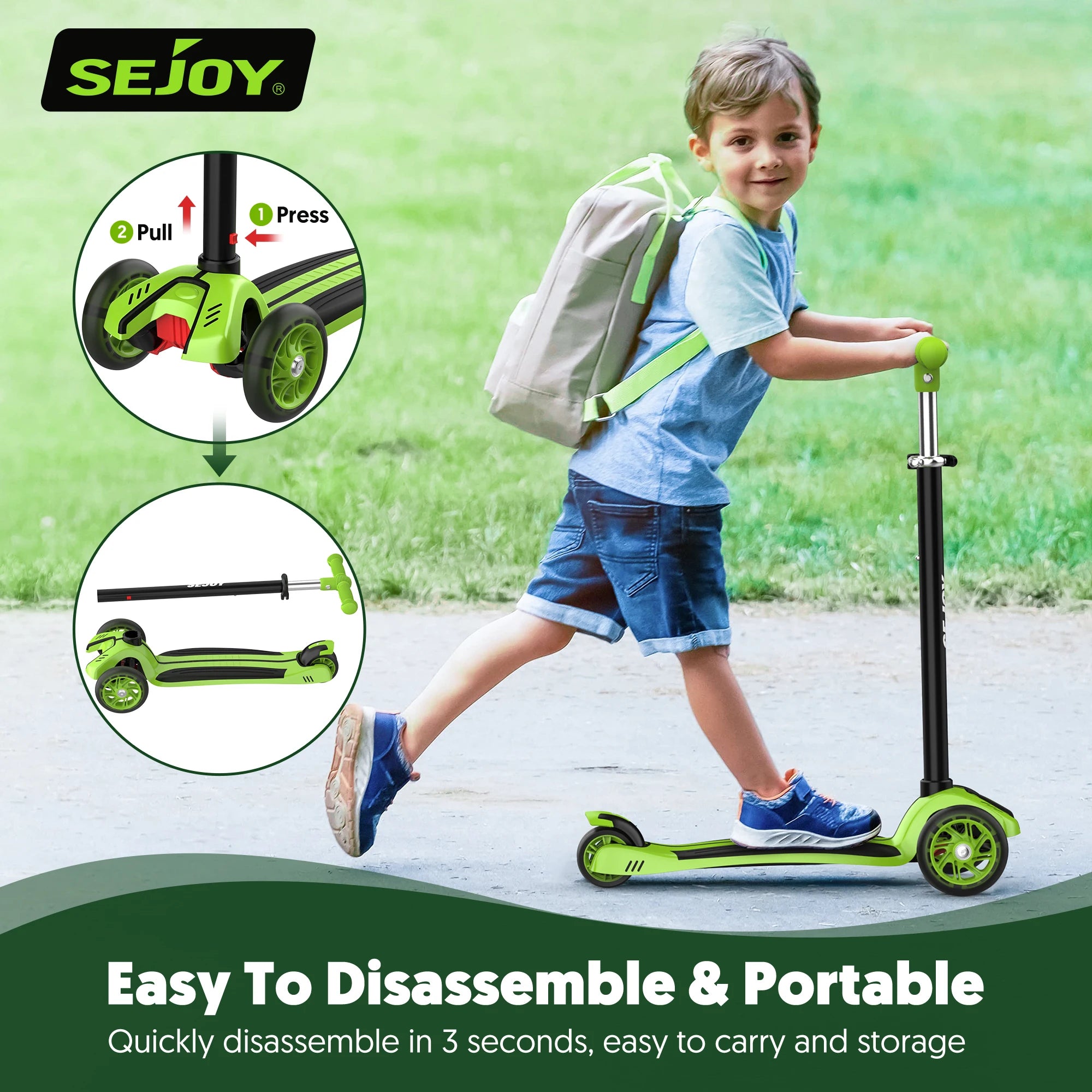 SEJOY Kids Folding Electric Scooter Children Scooter with Adjustable Height 3 Wheel Scooter with Flash Wheels for 3-12 Years