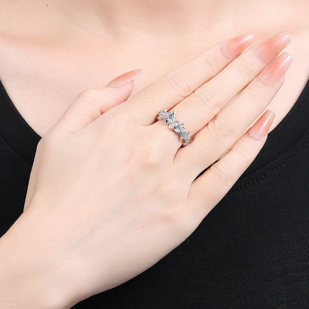 PANPOKI S925 Sterling Silver Flower Butterfly Insect Closed Ring