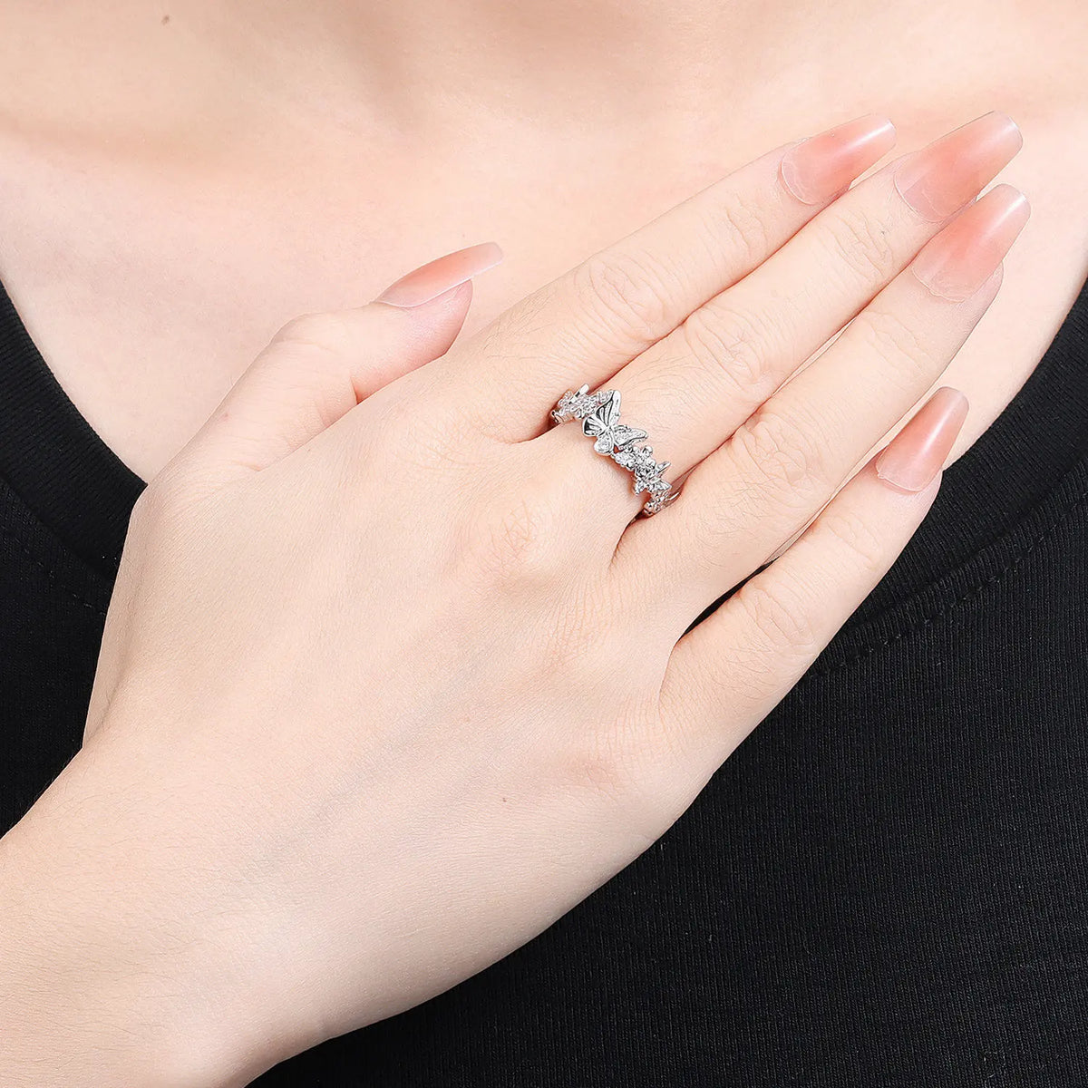 PANPOKI S925 Sterling Silver Flower Butterfly Insect Closed Ring