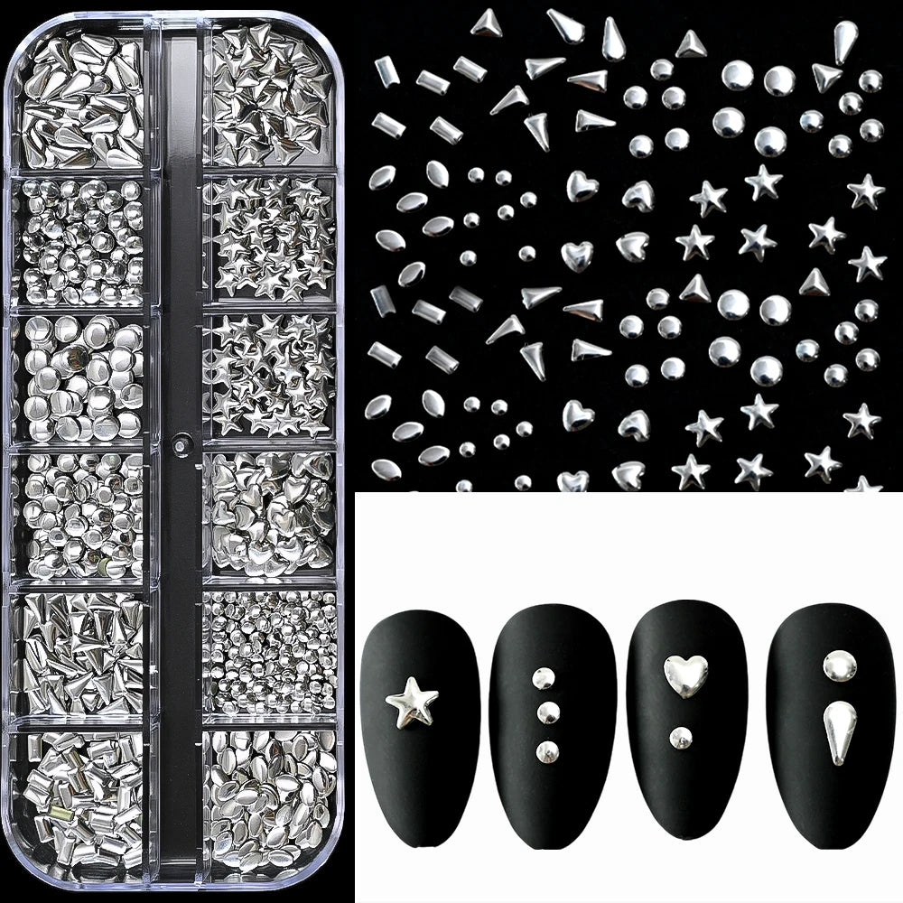 12Grids Silver Star Moon Glitter Nail Charms Mixed Metallic Tips Slice Rivet 3D FlatBack Gold Silver Star DIY Alloy Nail Studs_-