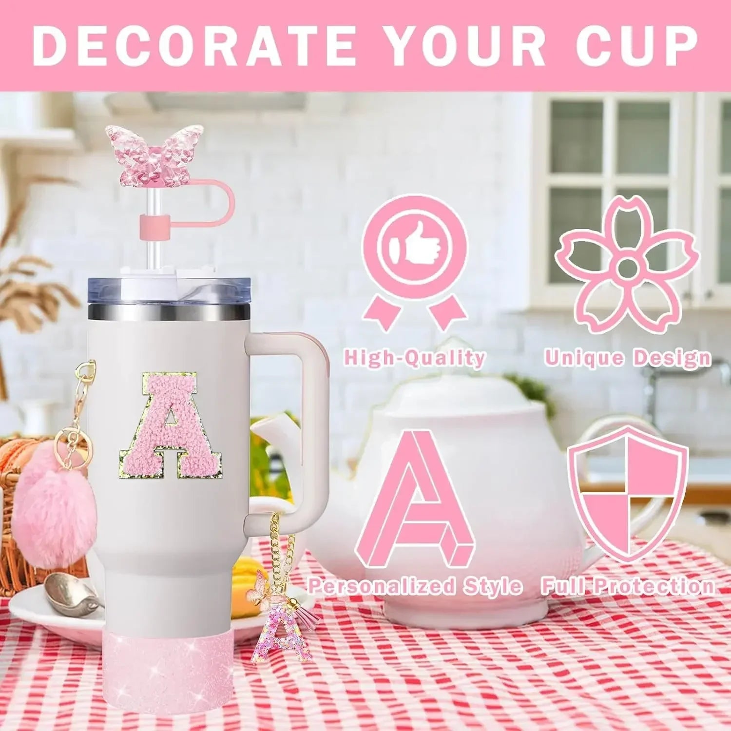 9PCS Accessory Set for Stanley Cup 30oz 40oz Butterfly Straw Cover Cap Silicone Boot Charm Initials Sticker Spill Proof Stopper