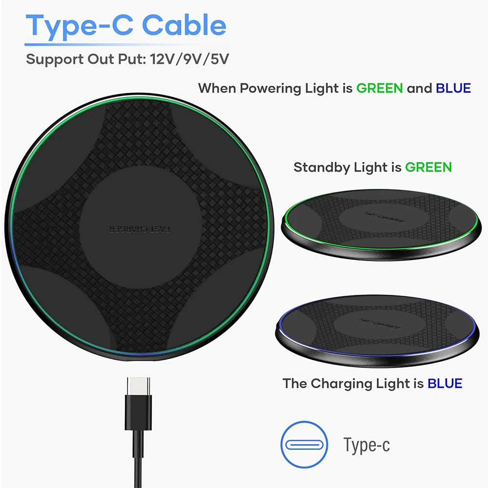 15W Wireless Charger Pad Type C Portable Induction Fast Charging Pad for iPhone 17,16,15,14,13 Xiaomi