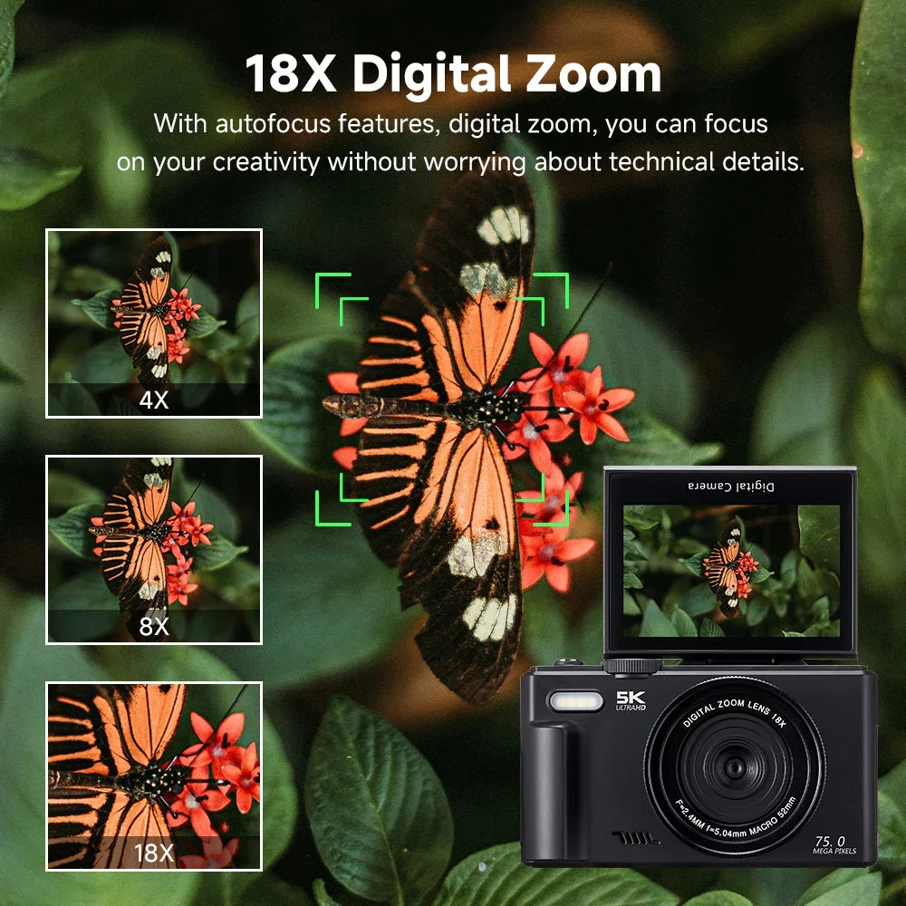 75MP Digital Camera 180° Flip Screen For Photography 5K 18X Digital Zoom