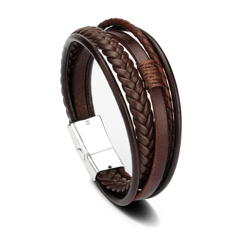 Trendy Leather Bracelets For Men Stainless Steel Bracelet 21CM Multilayer