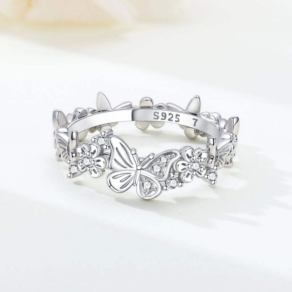 PANPOKI S925 Sterling Silver Flower Butterfly Insect Closed Ring