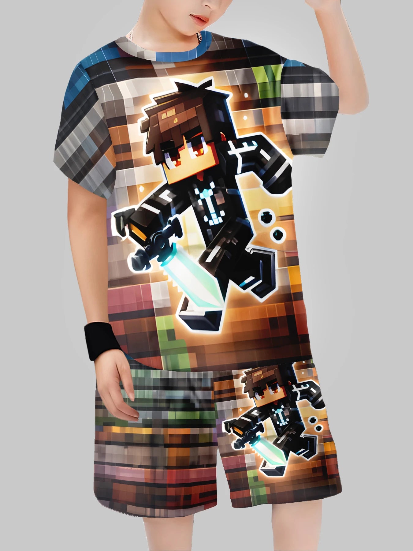 new Block Man Digital Printing Cross Border Children's Clothing Casual Short Sleeved T-shirt Boys' Clothing
