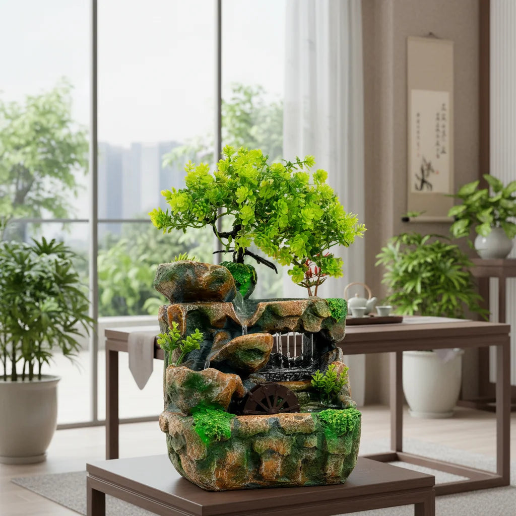Tabletop Fountain with LED Lights, Resin Waterfall Decor for Home Office Desk, 220V