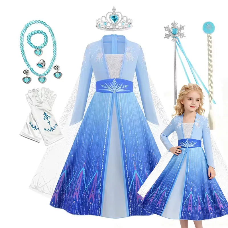Elsa Princess Dress for Girls Blue Long Sleeve Cloak Carnival