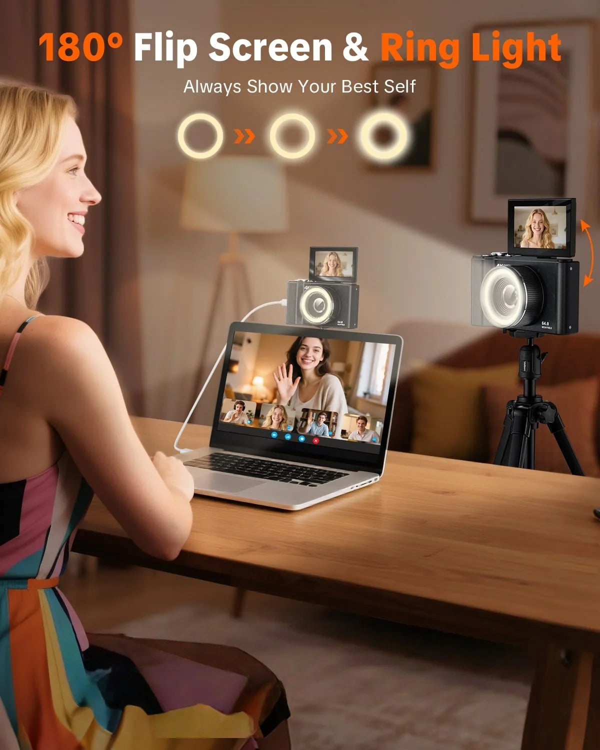 4K Digital Camera for Photography,4k Camera with Ring Light，180°